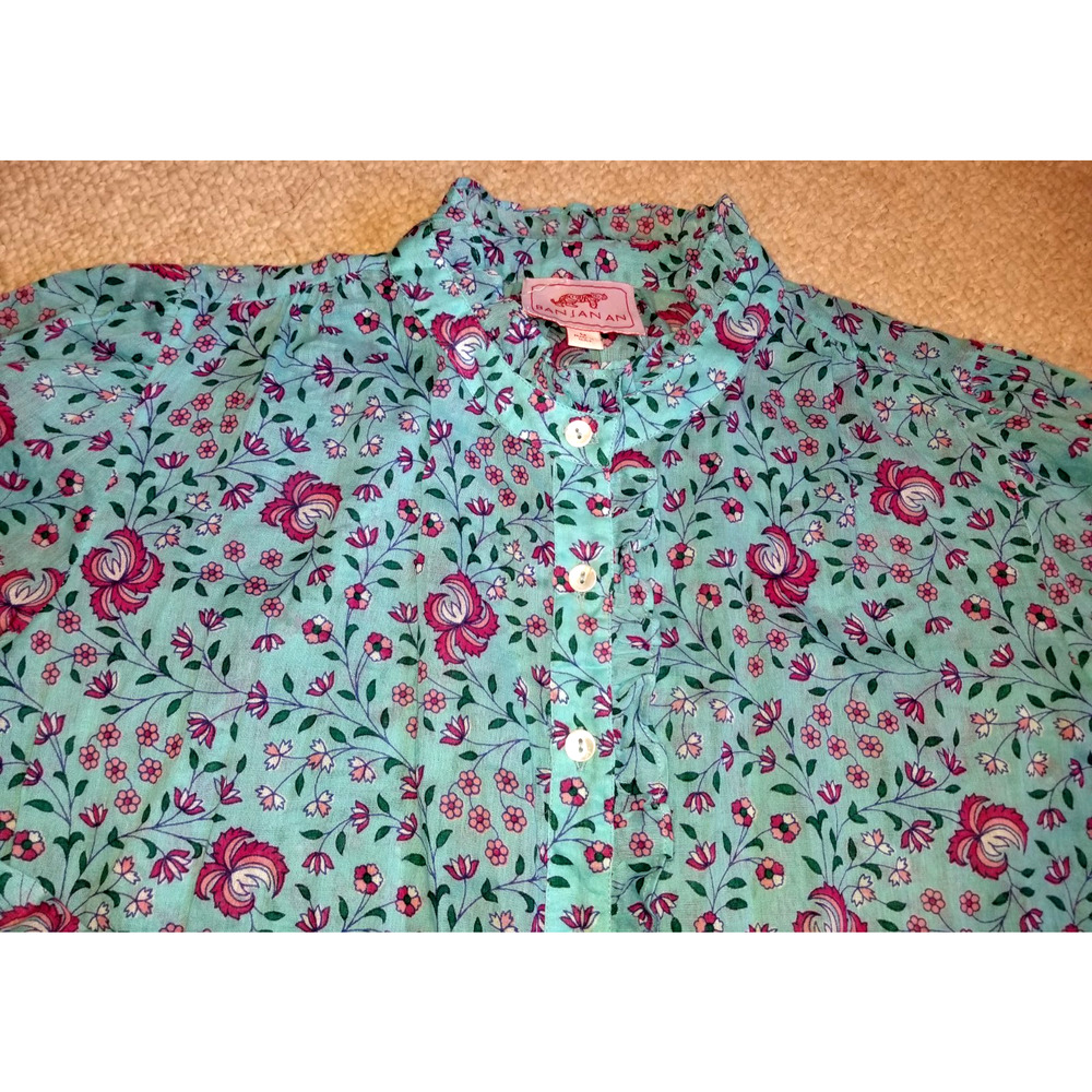 Womens Top-BANJANAN-blue/pink floral button-up ruffled Cottagecore Coastal-M - Picture 2 of 4